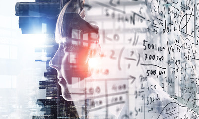 Cute girl and modern city . Mixed media