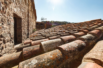 close up old terracotta tile roof texture - 138455242