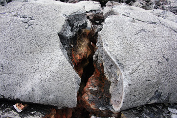 Red-colored cracks in clinker (frozen lava)