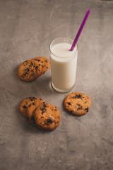glass of milk and cookies with chocolate on a gray concrete background