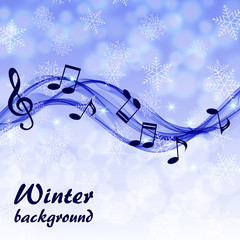 Abstract winter background with music notes and a treble clef