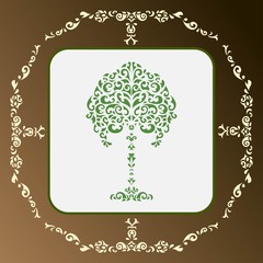105_Pattern green tree ornamental framen tree; white  card gradient coffee background; ornamental frame