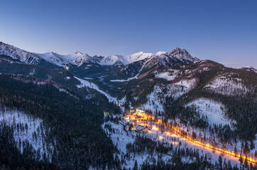 Winter Tatra mountains landscape, panorama of Kuznice (Zakopane) in the night