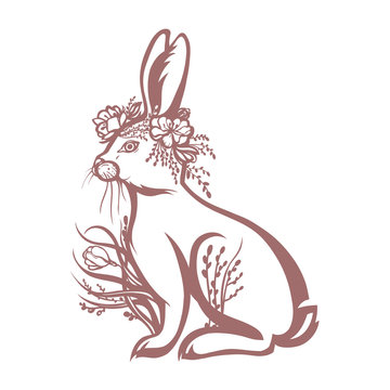 Easter bunny in the flowers of apple and willow. Contour graphic. Hand drawn. Vector illustration.