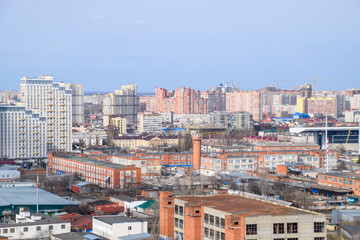 Naklejka premium City landscape. The view from the heights of the 24th floor. Krasnodar city. Urban view.