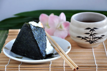 Japanese Food Onigiri with Hot Tea