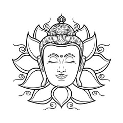 Buddha face isolated on white. Esoteric vintage illustration. Indian, Buddhism, spiritual art. Hippie tattoo, spirituality, Thai god, yoga zen . Coloring book pages
