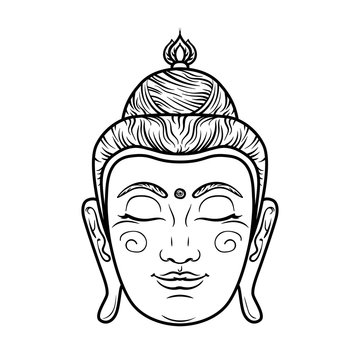 Buddha face isolated on white. Esoteric vintage illustration. Indian, Buddhism, spiritual art. Hippie tattoo, spirituality, Thai god, yoga zen . Coloring book pages