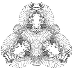 Vector illustration of six ravens fantasy triangle ornament black and white 