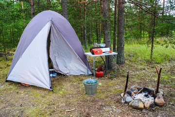 Tent and camp stove in a forest.