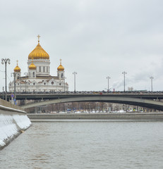 MOSCOW - February 24, 2017 View from the Sofia quay at Cathedral of Christ the Saviour. Beautiful scenery on the background of the cloudy sky.