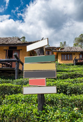 Wooden colorful signboard on tea plantation and soil house at ban rak thai