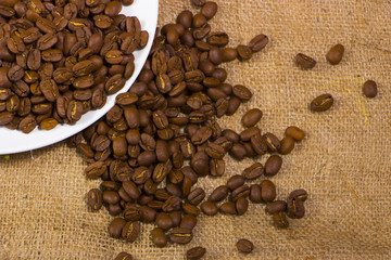coffee beans on a rough sacking