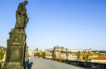 Prague, city view, hill Hradschin, Carls bridge, statue, Czech R
