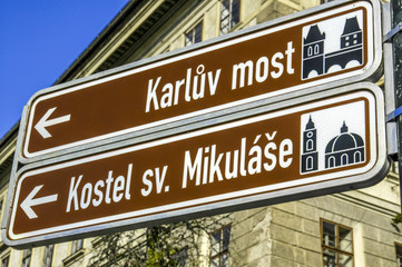 Prague, way signs for tourist attractions, Karluv Most, Czech Re