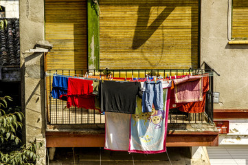Laundry drying on a clothesline on a balcony, Spain, Catalania,