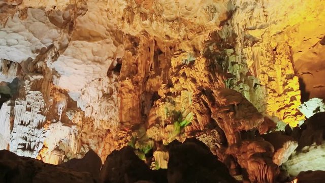 Colorful cave in Ha Long bay Vietnam.