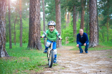 Little kid boy of 3 years and his father in autumn forest with a