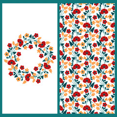 vector set with seamless vector pattern with colorful flowers and a card with circle floral frame