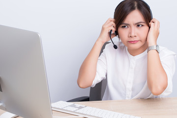 Woman working in call center she feel angry