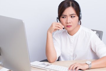 Woman working in call center she feel boring