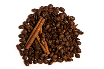 Roasted coffee beans on white background
