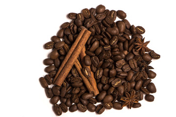 Roasted coffee beans on white background