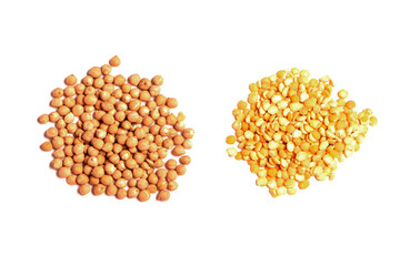 fruit green, yellow peas and chickpeas isolated on white background