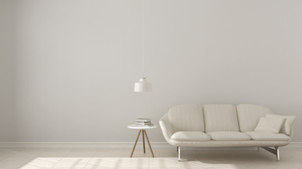 Scandinavian minimalistic background, with white sofa on herringbone natural parquet flooring, interior design