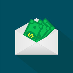 Money in the mail envelope. Cash Icon in flat style. Dollar banknote green. Vector illustration.