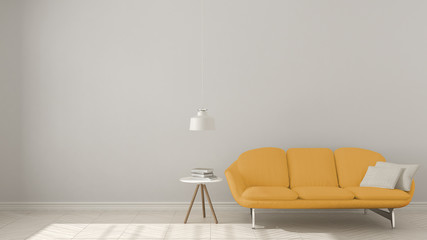 Scandinavian minimalistic background, with yellow sofa on herringbone natural parquet flooring, interior design