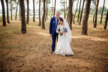 Bride and groom at pine forest, lovely wedding couple at nature.