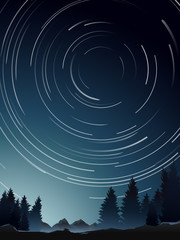 pine wood with mountain perspective and star trail