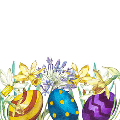 Hand drawn watercolor art eggs with Spring flowers. Isolated illustration on white background.
