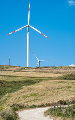 Wind turbines against the blue sky in the Sicily countryside