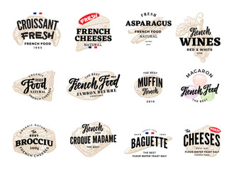 Fototapeta premium Sketch French Food Logos Set