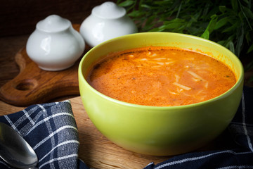 Homemade tomato soup with noodles.