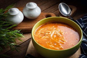 Homemade tomato soup with noodles.