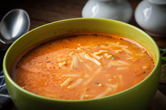 Homemade tomato soup with noodles.