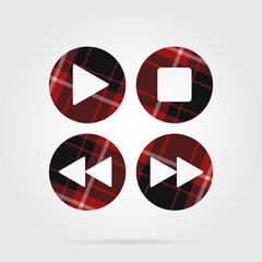 red, black tartan icon, four music control buttons