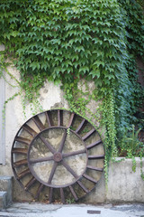 The old water mill wheel at the ivy covered wall