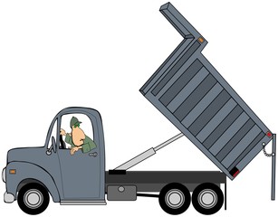 Illustration of a man backing up a dump truck with its box raised. © Dennis Cox
