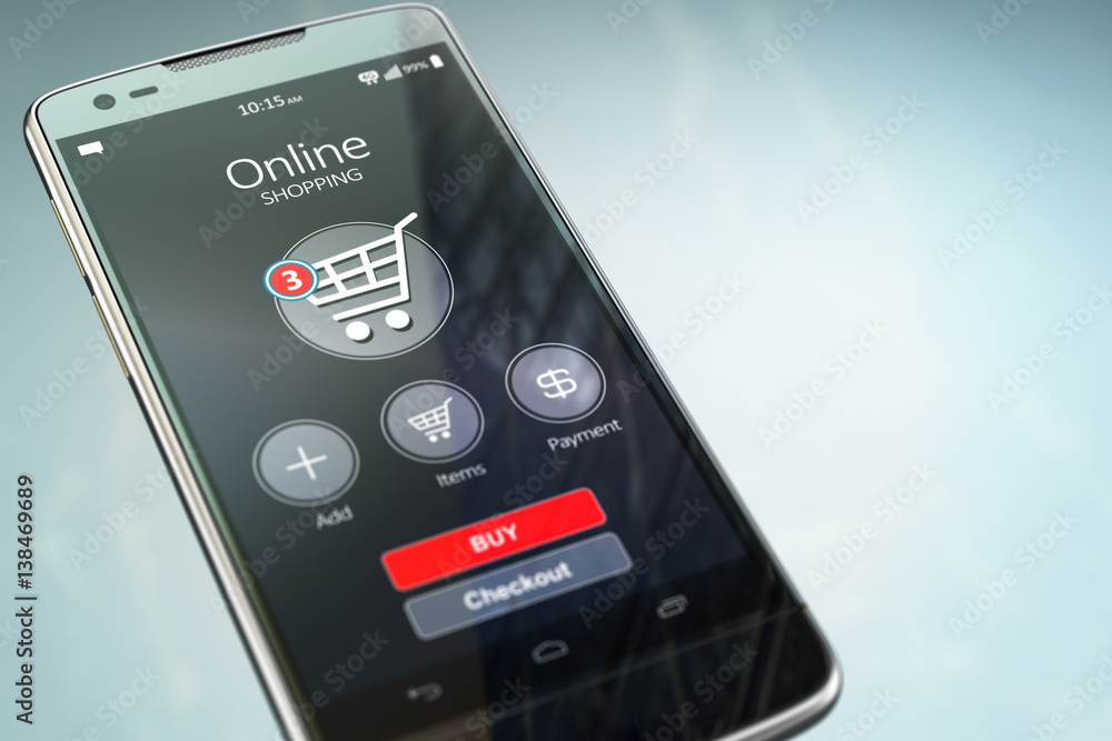 Poster online shopping concept. mobile phone or smartphone with cart on the screen. 3d