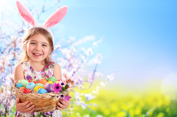 Easter - Little Girl With Basket Eggs And Bunny Ears
