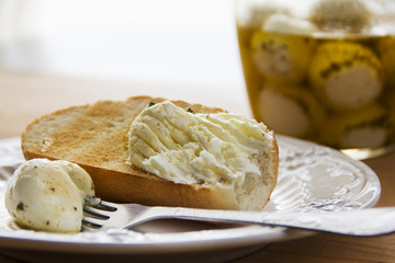 Toast with cream cheese. Delicious sandwich of toasted bread with cream cheese.
