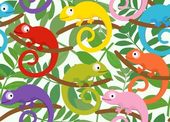 Seamless pattern with funny chameleon. Vector illustration.