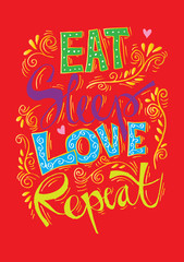 Eat, sleep , love and repeat postcard. Ink illustration. Modern brush calligraphy. 