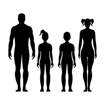 Man, woman, boy and girl. Human front side Silhouette. Isolated on White Background. Vector illustration.