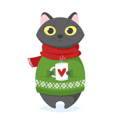 Vector cartoon style illustration of christmas cat with cup.