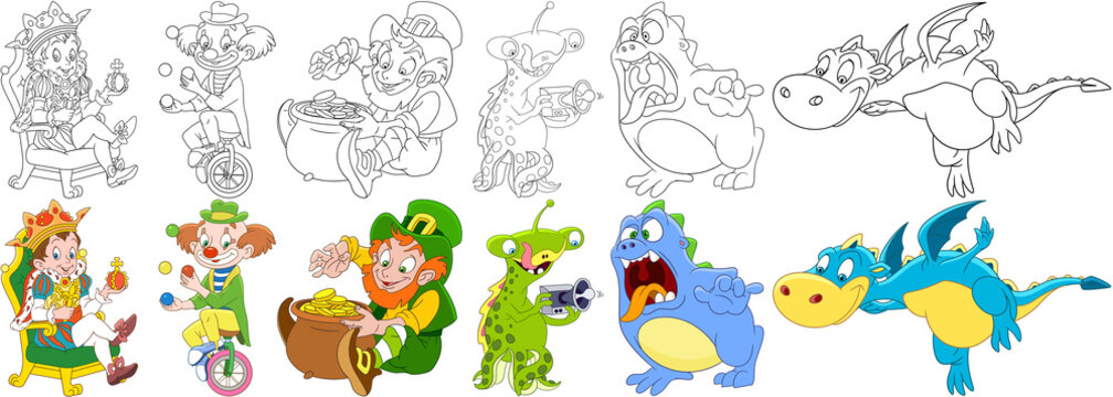 Cartoon characters set. Festival collection. King man (prince), circus clown juggling, leprechaun on saint patricks day, ufo alien, scary monster, flying dragon animal. Coloring book pages for kids.